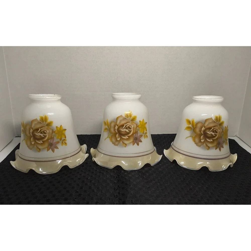 3 Chandelier Lustre Milk Glass‎ Replacement Lamp Shade Tan Brown Rose Floral